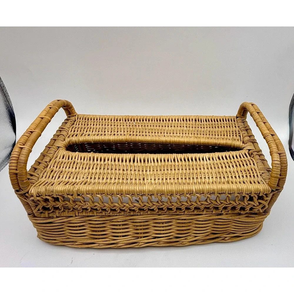 Vintage Rattan Vanity Set Mirror & Tissue Box Cover Coastal Boho Bathroom Decor